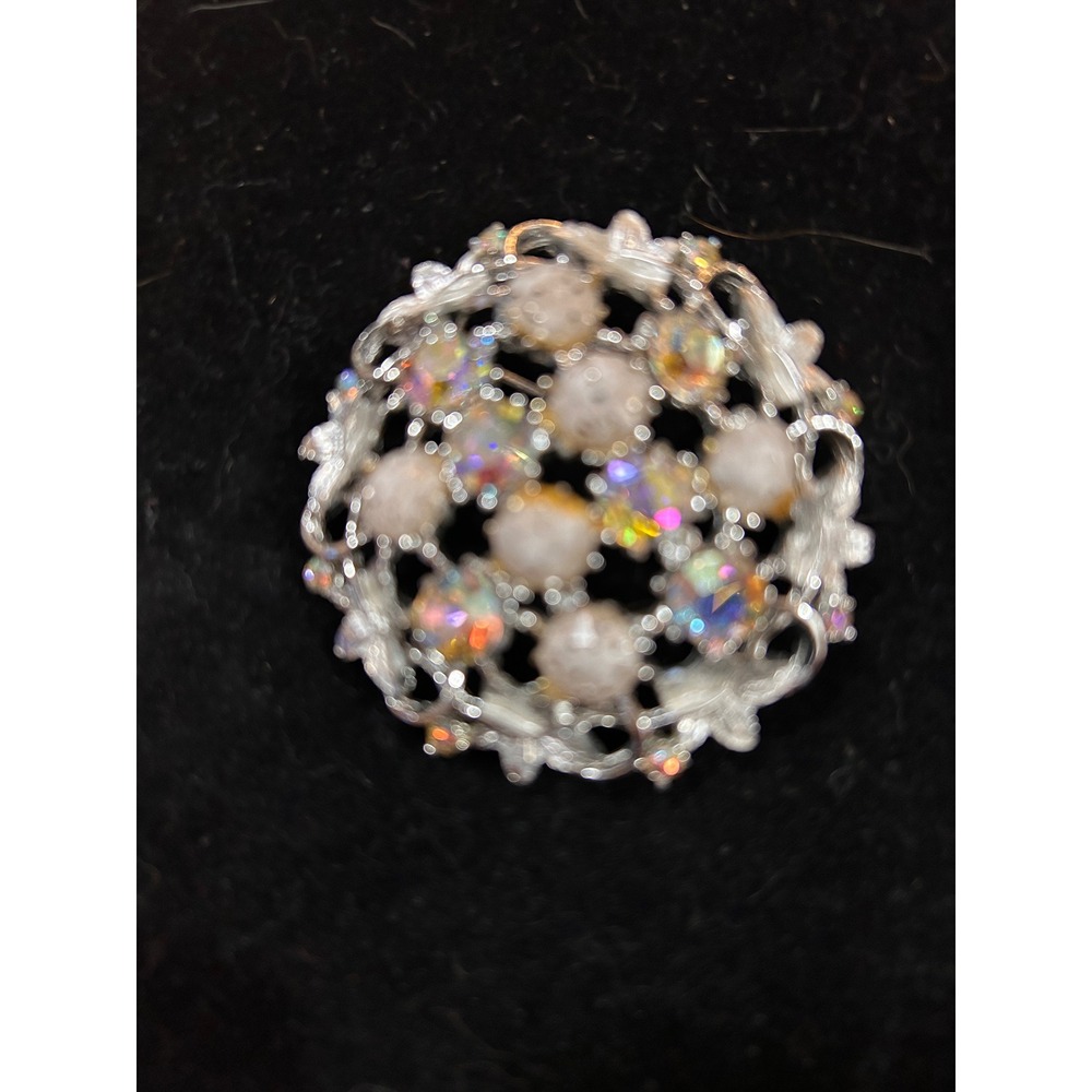 Vintage Aurora Borealis AB Rhinestone Faux Pearl Silver Tone Round Brooch Pin